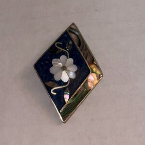 VTG Signed Mexico Alpaca SilverTone Enamel Inlay Abalone Blue Pin Brooch